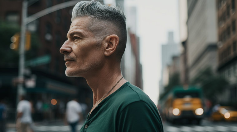 Mann mit grünem T-Shirt in New York und einem Low Fade Undercut