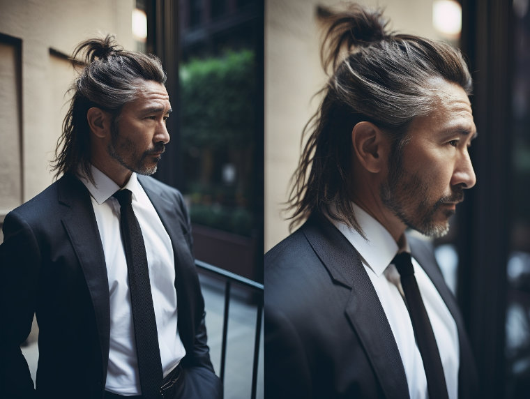 Japaner mit Bart und Haarknoten wie traditionelle Samurais