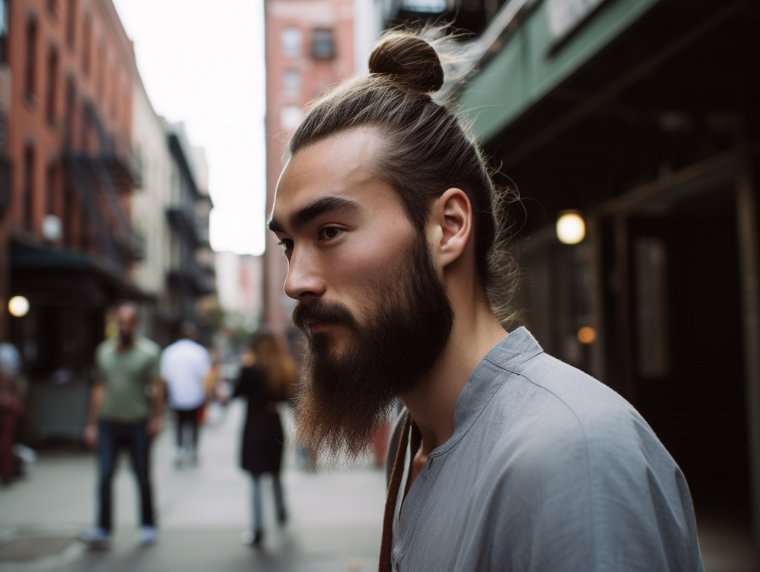 Asiate mit Bart und Man Bun